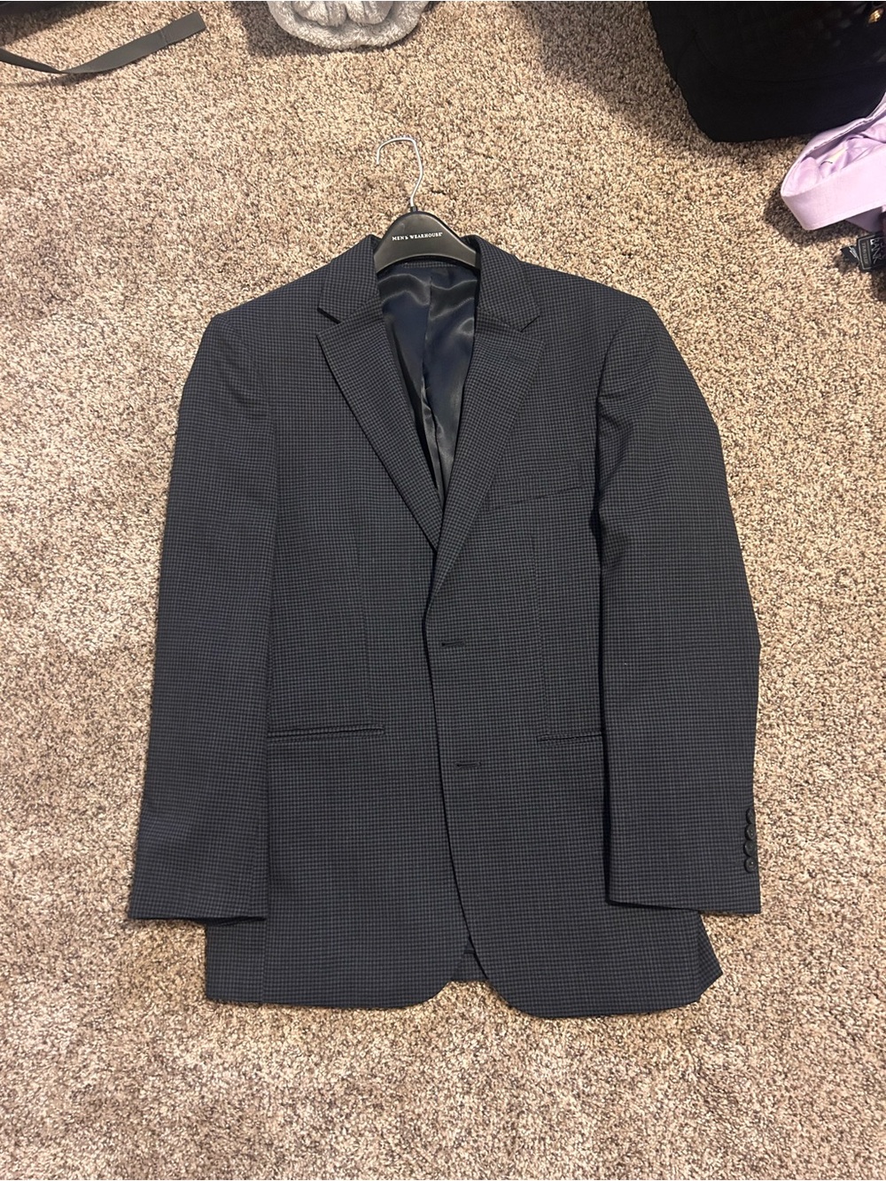 Men's Navy Micro-Check Blazer - Classic Single-Breasted Suit Jacket